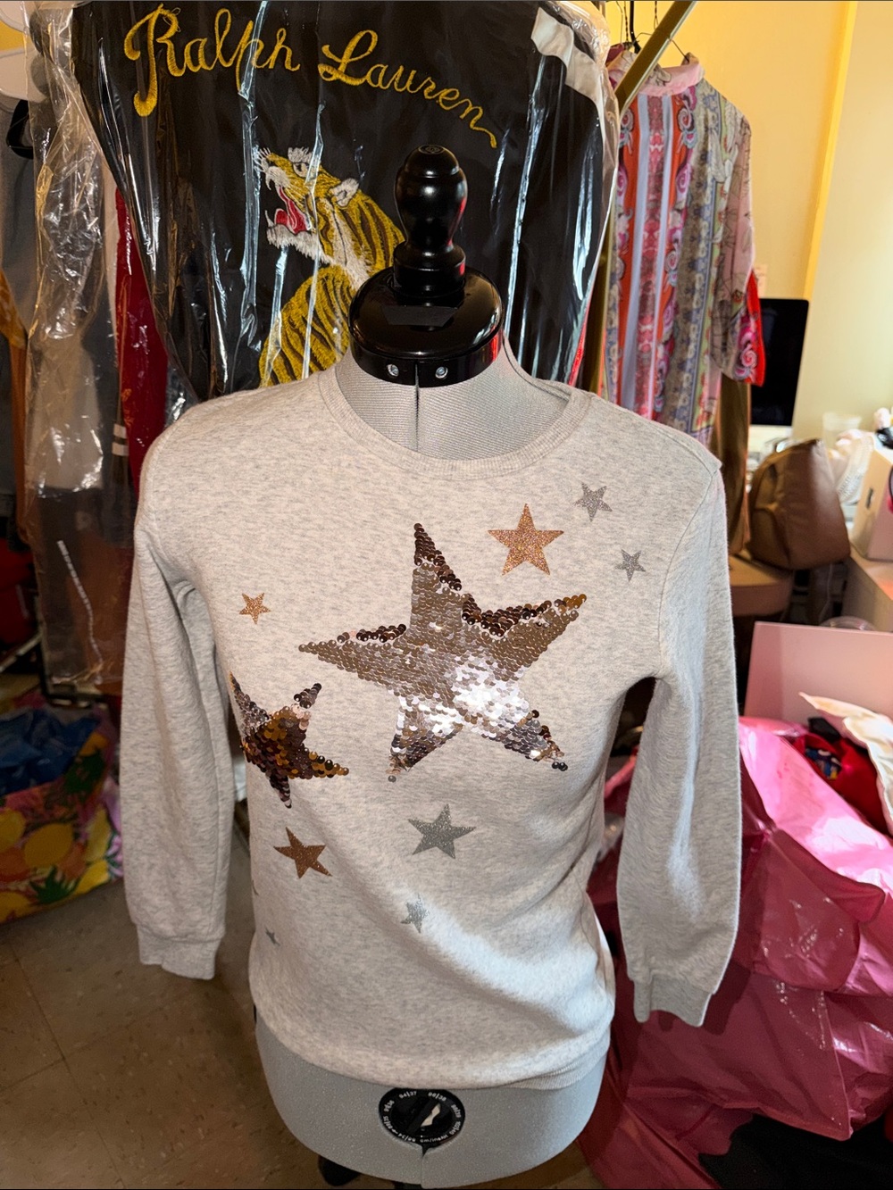 H&M Light Gray Sweatshirt with Gold & Silver Sequin Stars